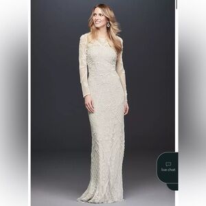 Davids Bridal Allover Scroll Beaded Illusion Long Sleeve Gown in Ivory